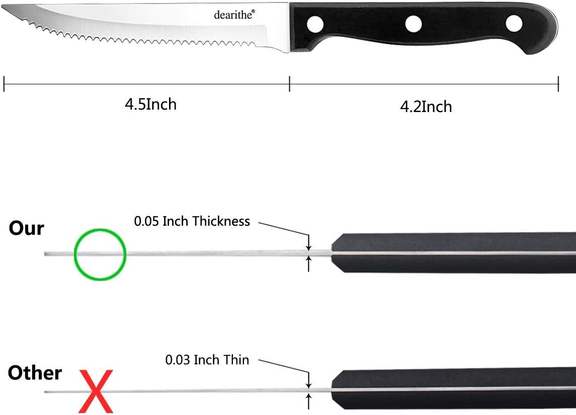 dearithe Steak Knives Set of 6, Black Full-Tang Triple Rivet Serrated Stainless Steel Sharp Blade Flatware Steak Knife Set, 4.5 Inches, For Tableware Kitchen Camping Restaurant, Dishwasher Safe: Kitchen & Dining