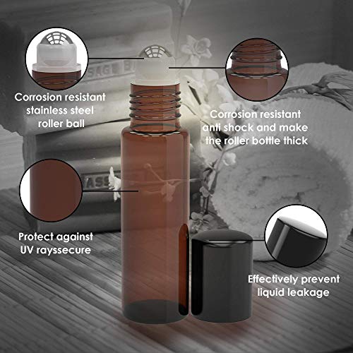 8 Pack - Essential Oil Roller Bottles [Metal Chrome Roller Ball] FREE Plastic Pippette Refillable Glass Color Roll On for Fragrance Essential Oil - 10 ml 1/3 oz (Amber)