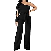 CuteCherry Women Elegant Jumpsuits For Elegant One Sleeve Sexy Straight Long Pants Rompers With Pockets