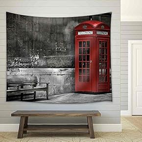 British Phone Booth in London, United Kingdom - Fabric Wall Tapestry Home Decor - 51x60 inches