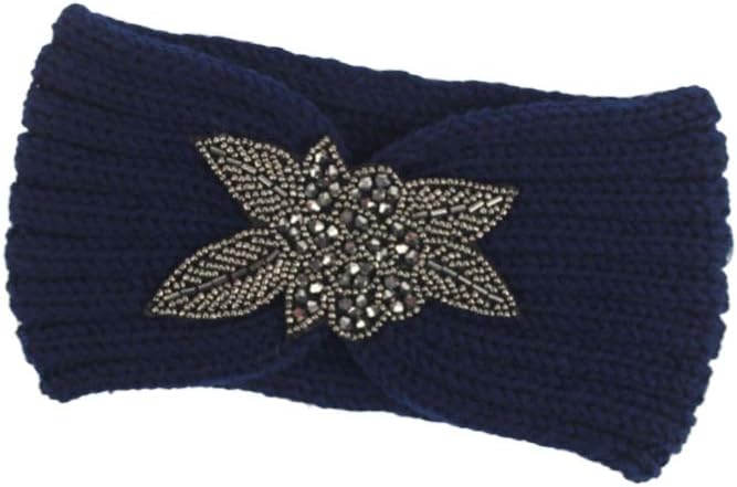minkissy Headband Crochet Turban Headband Woolen Yarn Knitted Headwrap Hair Band Elastic Winter Ear Warm Protector With Flower For Girls Women (Navy) Hair Headbands - Image 4