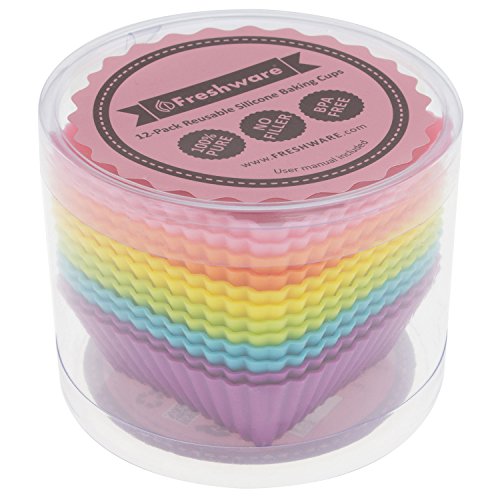 Freshware Silicone Baking Cups [12-Pack] Reusable Cupcake Liners Non-Stick Muffin Cups Cake Molds Cupcake Holder in 6 Rainbow Colors, Medium Square