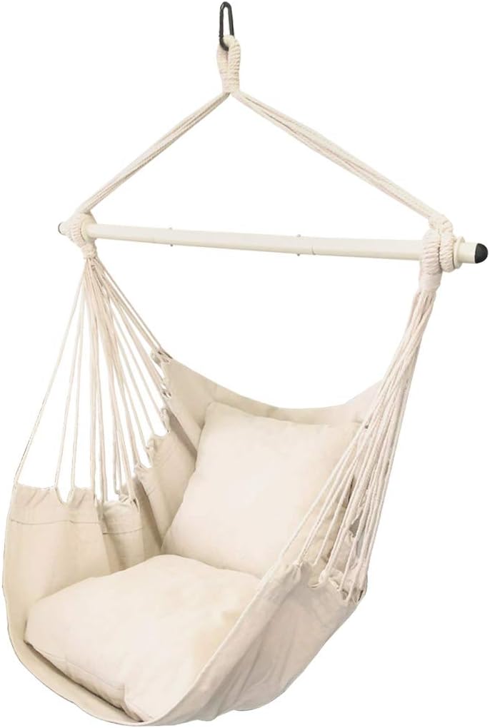 Highwild Hammock Chair Hanging Rope Swing - Max 500 Lbs - 2 Cushions Included - Steel Spreader Bar with Anti-Slip Rings - for Any Indoor or Outdoor Spaces (Beige): Kitchen & Dining