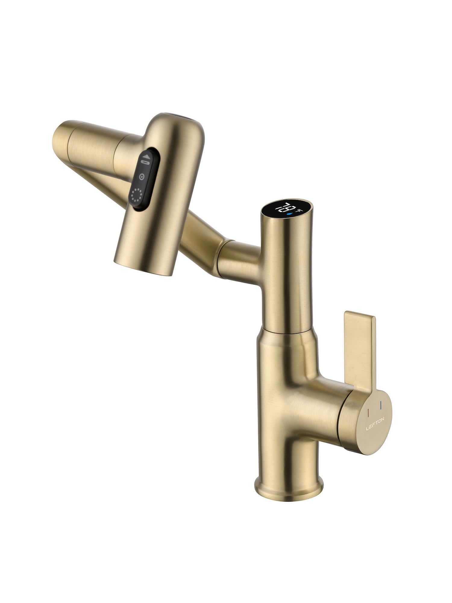 Photo 1 of Lefton Rotatable Bathroom Faucet with Temperature Display in Fahrenheit (Batteries-Free), 3 Water Modes, Brushed Gold, BF2204-6