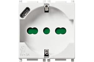 Vimar 14210.USB Plana Socket 2 modules SICURY 2P+T 16A 250V Universal Italian Standard P40 and USB Output Type C 5V and 3A for Fast Charging, White