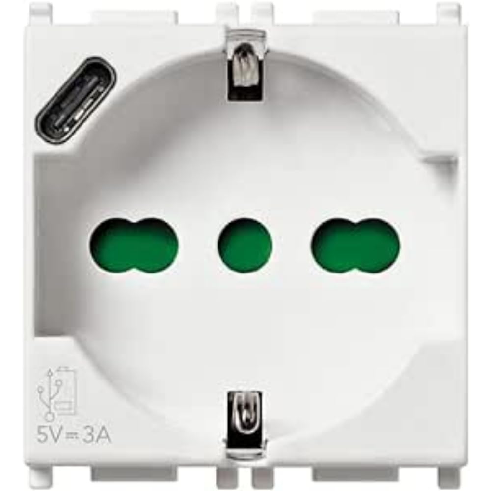 VIMAR 14210.USB Plana Socket 2 Modules SICURY 2P+T 16A 250V Universal Italian Standard P40 and USB Output Type C 5V and 3A for Fast Charging, White
