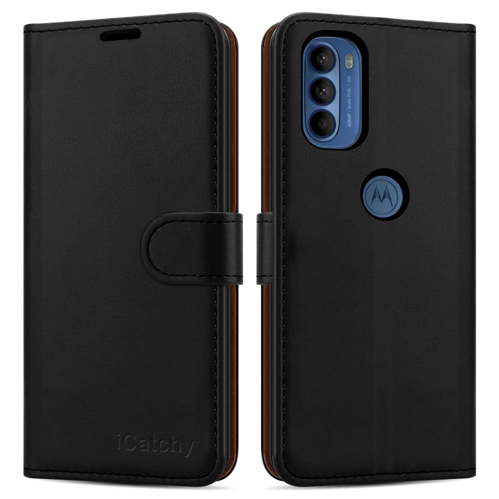 iCatchy for Motorola Moto G31 / G41 Case Leather Wallet Book Flip Folio Stand View Magnetic Closure with Card Slots Cover (Black)