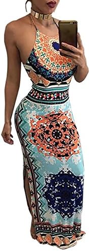 DUBACH Womens Ethnic Side Split Halter Drawstring Maxi Dress