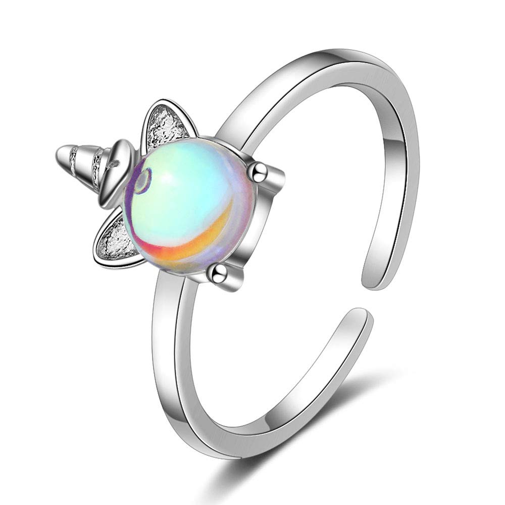 QIAMNI Cute Moonstone Unicorn Horse Mood Rings for Women Girls Kids 925 Silver Adjustable Size Ring Birthday Festival Gift Jewelry