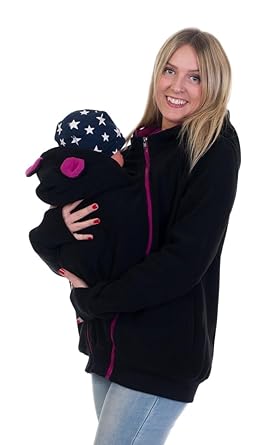 Divita 3in1 Tragejacke Umstandsjacke mit süssen Bärchen Ohren für Tragetuch Babytrage Fleece für Baby und Mama 46