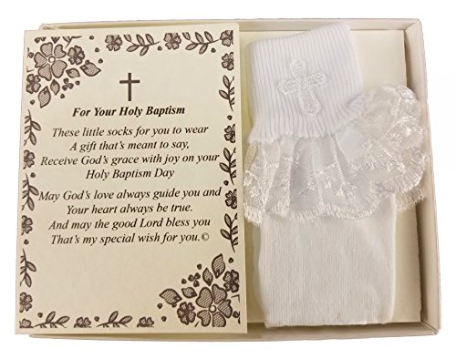 Wedding Collectibles Baptism Keepsake Gift Poetry Baby Girl Socks with Ruffled Anklet Lace Embroidered Cross Design (Size: Age 1-2)
