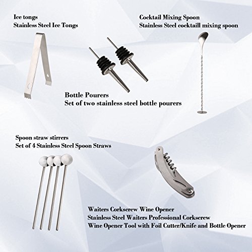 14 Piece Cocktail Shaker Set - Bar Accessories: Cocktail Shaker, dual capacity jigger, 4 drink stirrer, cocktail muddler, ice tongs, mixing spoon, 2 bottle poures, wine opener, and Wooden Gift Box