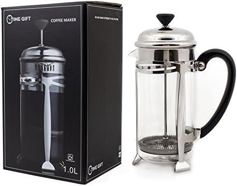 Timegift Stainless Steel French Coffee Press - 34 oz 1 liter, 8 Cup. Borosilicate Glass