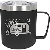 Canopy Street Happy Camper Steel Campfire Mug / 12 Ounce Black Engraved Double Sided To Go Travel Stainless Steel Coffee Mug With Lid / 12 Ounce Outdoor Camping Cup Present