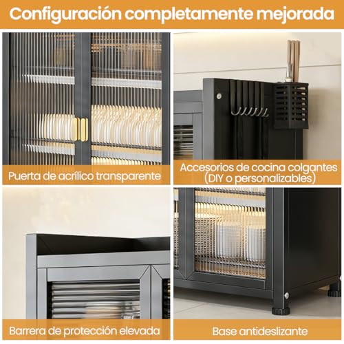 DNIDIO Organizador de Platos, 3 Niveles con Puerta, Trastero Escurridor, Antipolvo e Insectos, con Soporte para Cuchillo y Cubierto y 4 Ganchos, 60 CM(Negra)