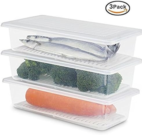 Food Storage Containers, Surlan Food Kitchen Refrigerator Cabinet Pantry Storage Organizer Case Box Bin with Lid Removable Drain Plate For Fruits, Vegetables, Meat, Fish Pack of 3pcs