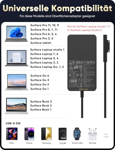 Surface Charging Cable 65 W Microsoft Surface Charger Power Supply for Surface Pro 11/10/9/8/7+/7/6/5/4/3/X, Windows Surface Laptop 7/6/5/4/3/2 Studio i5, Surface Go 4/3/2 Tablet, Surface Book 3/2/1, with USB