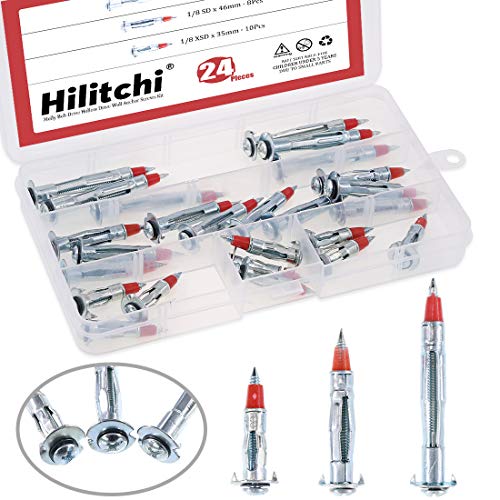 Hilitchi 24-Pcs [3-Sizes] 35mm 46mm 59mm Long Hollow Wall Drive Anchors Assortment Kit Zinc Plated Steel Heavy Duty Philips Round Headed Molly Bolt Drive for Drywall