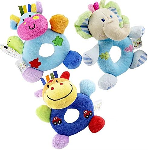 KateDy 3pcs Baby Rattle Toy Hand Bells Baby Hand Grasp Handle Developmental Toys,6" Cartoon Stuffed Animal Hanging Hand Rattle Toys Suitable for 0-36 Months Baby Infant-Elephant,Bear,Cow