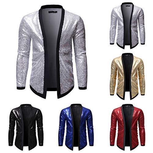 Fashion Men's Casual Slim Fit Cardigan Coat Long Sleeve Outwear Sequin Jacket Silver