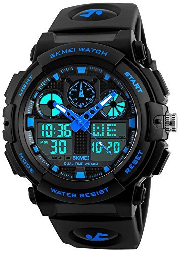 Men's Digital Analog Sports Watch Alarm Stopwatch Dual Time 50M Water Resistance Casual Military Wrist Watch (Blue)