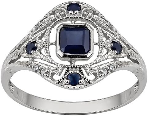 10k White Gold Vintage Style Genuine Sapphire and Diamond Ring
