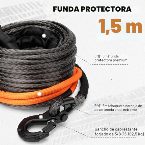 SHALL Tow Straps and Ropes, Synthetic Winch Rope 12mm x 28m Long, 16 Ton (35500 LB), Protective Cover, Forged Winch Hook and Safety Strap