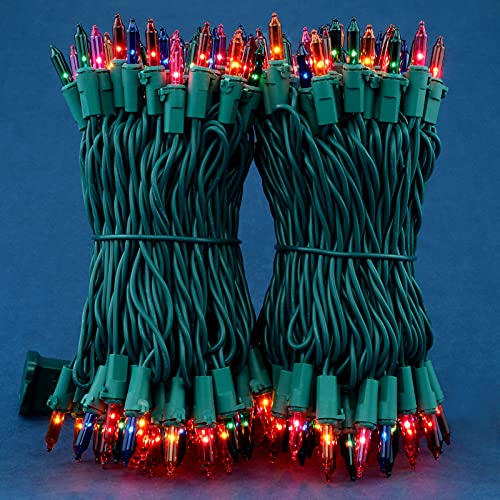 MultiColor Incandescent Christmas Lights, 66 Ft Green Wire 200 Mini Lights, UL Certified