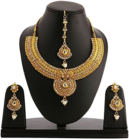 Zcarina Women's Kundan Style Necklace Earring Maang Tika Set