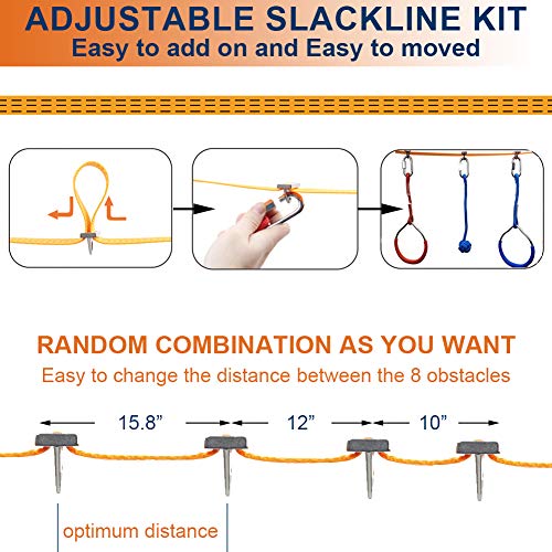 45 Foot Ninja Warrior Training Equipment For Kids Teens +Climbing Rope Ladder, 8 Hanging Ninja Obstacle Course Slackline Swing Monkey Bars, Playground Equipment For Backyard Outdoor Indoor & Carry Bag - Thumbnail 3