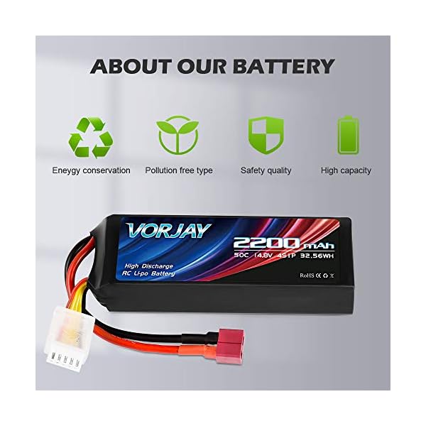 VORJAY 4S 14,8V Lipo RC Akku 50C 2200mAh Lipo Batterien mit Deans T und XT60 Stecker Batterie für RC LKW, RC Flugzeug… – Bild 7