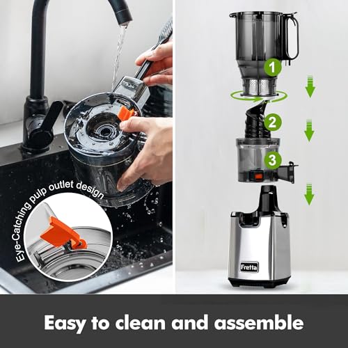 Fretta Cold Press Juicer, 135mm Feed Chute, Whole Fruit Juicer, Easy Clean | Less Prep, Family Batch Juicing, Quiet Operation for Daily Juicing, Stainless Steel Housing, Safety Lock and Reverse Function