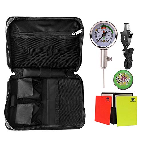 Wrzbest Professional Soccer Referee Accessory Bag Kit Football Soccer Coach Ref Cards Whistle Ball Pressure Gauge Coins in a Multi-Pocket Carryig Bag, Black, Fits All, One Size