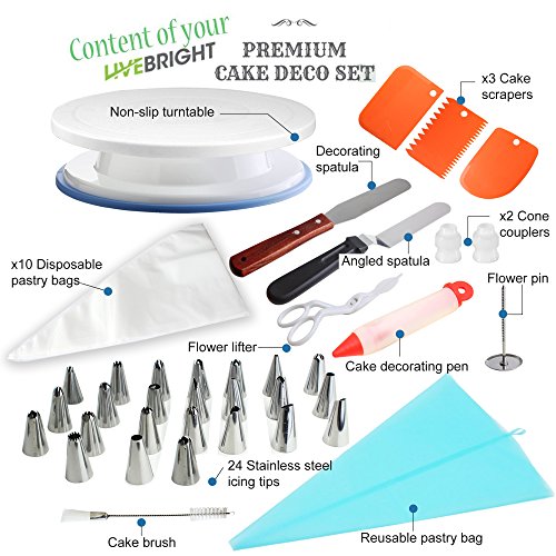 image for Live Bright 48 Piece Cake Decorating Supplies Set | Turntable Stand | 