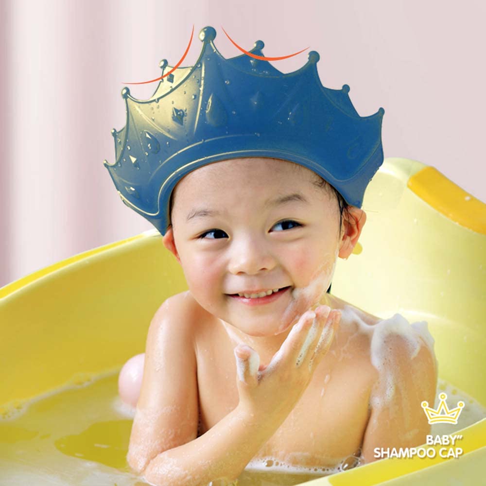 Kids Shower Cap Shield, Silicone Shower Cap for Kids, Waterproof Cute Crown Shape Hair Washing Shield, Adjustable Bath Visor Hat to Stop Water in Eye and Ear for Toddlers Kids Infants (Blue)