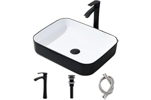 Black and White Vessel Sink with Faucet and Drain Combo-Bokaiya 20x16 Bathroom Vessel Sink Rectangular Above Counter Porcelain Ceramic Bathroom Sink Art Basin