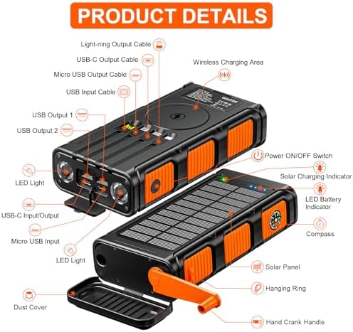 26800mAh Power Bank Solar Inalámbrico con Manivela y 4 Cables, Carga Rápida
