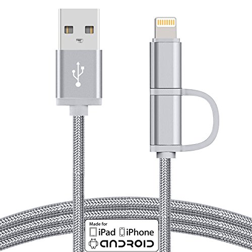 TechHutt [Apple MFi Certified] 2 in 1 Lightning to Micro USB Cable Nylon Braided Data Sync and Rapid Charge Cable Cord For iPhone 6 6s 6Plus iPad Pro Air Mini Samsung Galaxy S7 S6 &amp; More ( Silver)