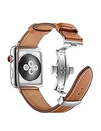 correa de reloj KeBitt para mujer, hombre, compatible con la serie Apple Watch 4 3 2 1, Use iWatch 4 correas de cuero genuino, doble aguja, metal, hebilla de mariposa, conector de acero inoxidable plegable (marrón, 42 44 mm)