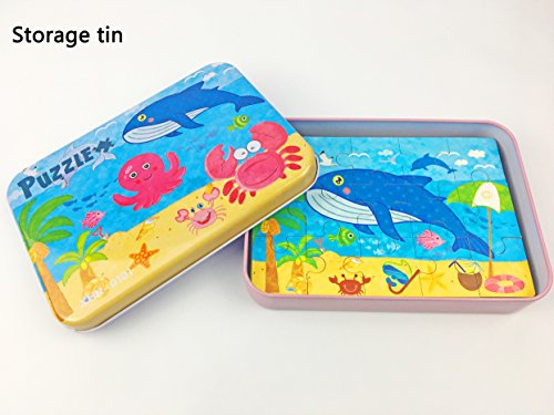 Vileafy Marine Organism Series Jigsaw Puzzle Sets, 4-Pack 4 Complexities, Best for 3-5 Years Old Babies to Develop Dexterity and Problem Solving, Free Iron Box for Easy Storage, 6 1/2" X 4 1/2".