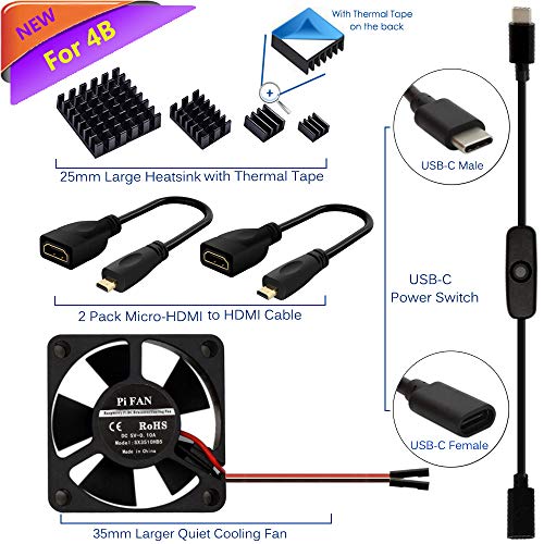 Raspberry Pi 4 Fan, iUniker Raspberry Pi 4 Model B Accessories Kit, with 35mm Cooling Fan, 25mm Heatsink, HDMI Cable, USB-C Switch Cable for Pi 4 B