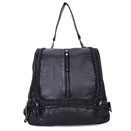 Bolsos de hombro Impermeable Mochila para mujeres Cuero PU suave lavado Bandolera Vintage Señoras-Negro1