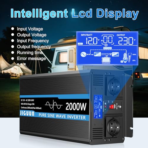 JIGUUN 2000W Inverter 12V 220V Pure Wave Inverter with Charger 30A and Priority Circuit of Network and UPS,2 EU Sockets, Wireless Remote Control and LCD Display Peak Power 4000W