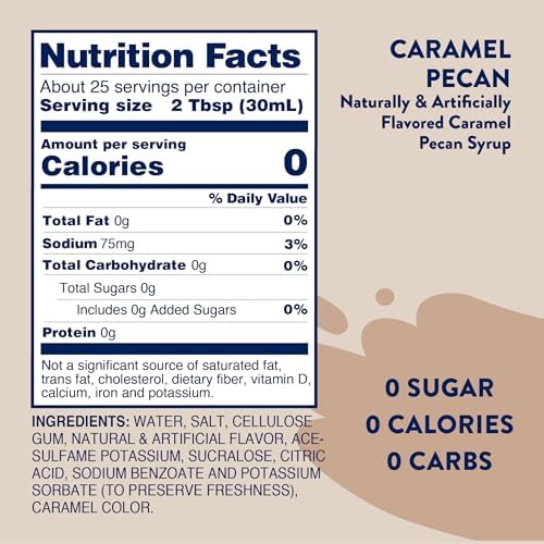 JORDAN’S SKINNY MIXES SUGAR FREE COFFEE SYRUP, CARAMEL PECAN COFFEE FLAVORING SYRUP, ZERO CALORIE DRINK MIX, LATTES, BAKING, PROTEIN SHAKE OR COCKTAIL, DAIRY & GLUTEN FREE, KOSHER, 25.4 FL OZ, 2 PACK
