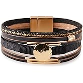 MMIUAEG Multi-layer Round Charm Leather Bracelet Bohemian Wrap Bracelets with Clasp Leather Cuff Bangle Stackable Wristband Boho Jewelry for Women