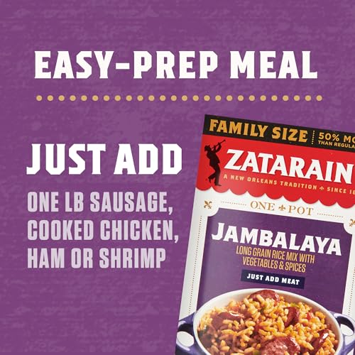 ZATARAIN’S RICE MIX, JAMBALAYA, FAMILY SIZE, LONG GRAIN RICE WITH ONIONS, BELL PEPPERS, GARLIC, PAPRIKA, AND RED PEPPERS, JUST ADD MEAT FOR EASY-PREP, NEW ORLEANS STYLE RICE MEAL, 12 OZ
