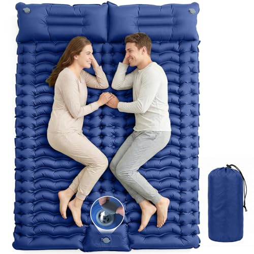 Double Inflatable Camping Sleeping Mat, Ultralight Sleeping Mat with Integrated Cushion & Foot Pump, Waterproof Sleeping Mat for 2 People, Compact for Camping, Trekking, Backpacking and Travel, Blue