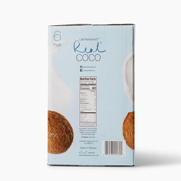 REAL COCO ORGANIC ORIGINAL COCONUT MILK BEVERAGE (6-PACK 1L), USDA ORGANIC, NO-ADDED SUGAR, PLANT BASED, DAIRY & SOY FREE, VEGAN, KETO AND PALEO FRIENDLY