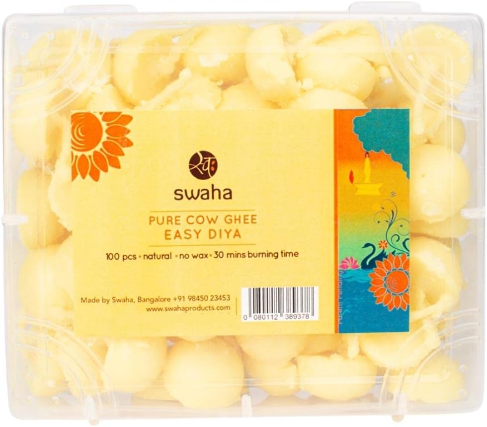 Oil Lamps & Accessories - Swaha Easy Diya ghee Wicks/Diya batti, 100 Pieces, 30 min Burning time, Wax Free, clarified Butter Wicks for Puja, Yoga & Meditation - Pack of 1