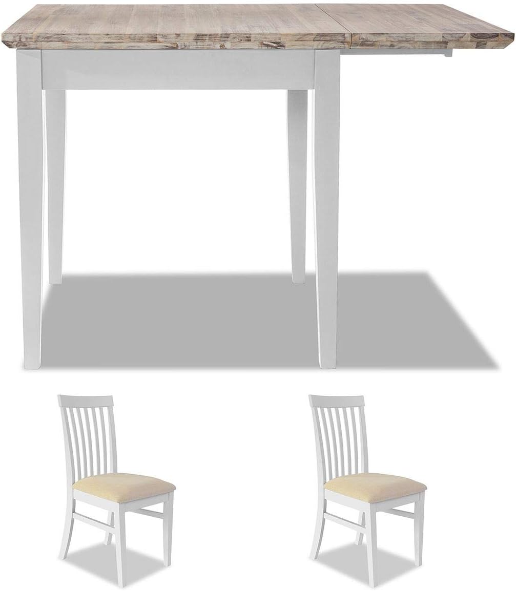 Florence white extending dining table and 2 upholstered chairs set. Solid wood kitchen dining table set.